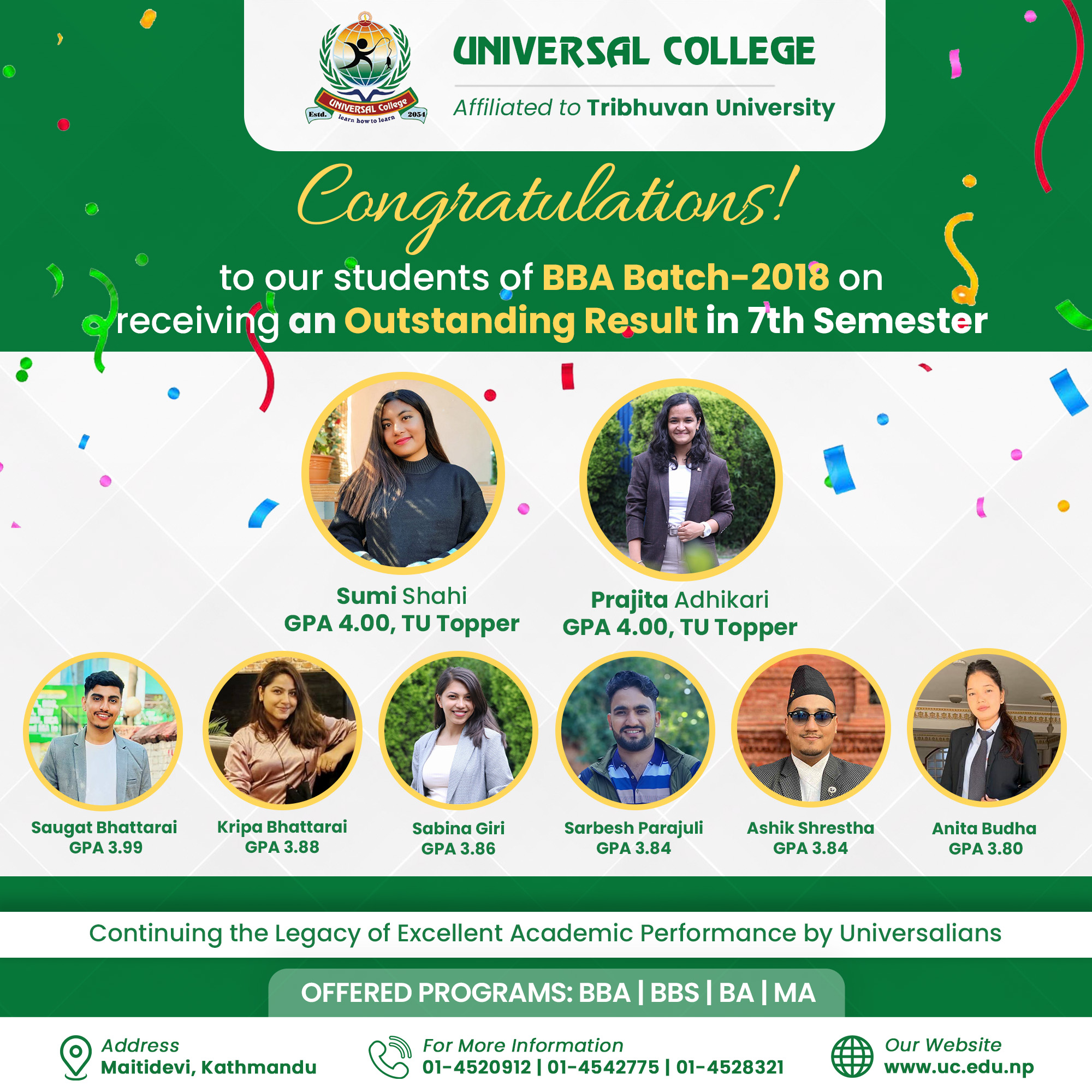 Congratulations to the exceptional students of Universal College